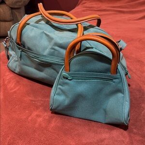 Green Tote Bag with Brown Handles and small matching tote 20”Lx11”Hx9”D